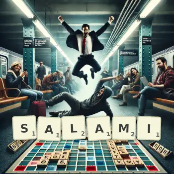 Illustration créative d'un jeu de lettres avec le mot SALAMI épelé sur le plateau.