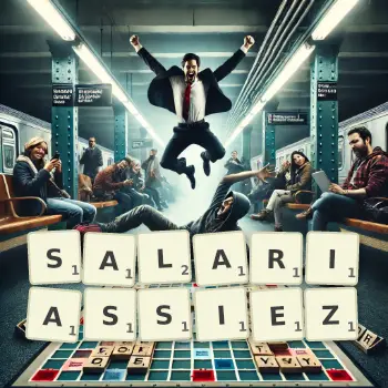 Illustration créative d'un jeu de lettres avec le mot SALARIASSIEZ épelé sur le plateau.