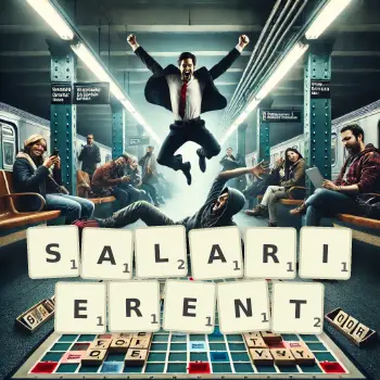 Illustration créative d'un jeu de lettres avec le mot SALARIERENT épelé sur le plateau.