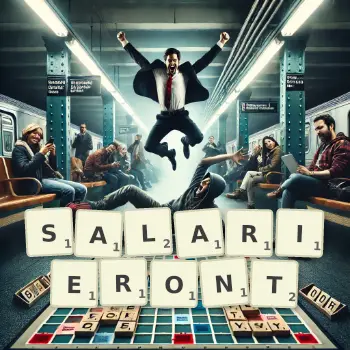 Illustration créative d'un jeu de lettres avec le mot SALARIERONT épelé sur le plateau.