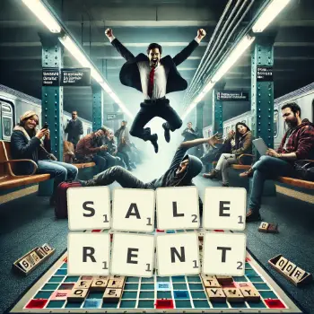 Illustration créative d'un jeu de lettres avec le mot SALERENT épelé sur le plateau.