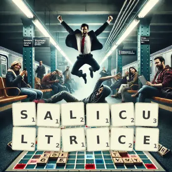 Illustration créative d'un jeu de lettres avec le mot SALICULTRICE épelé sur le plateau.