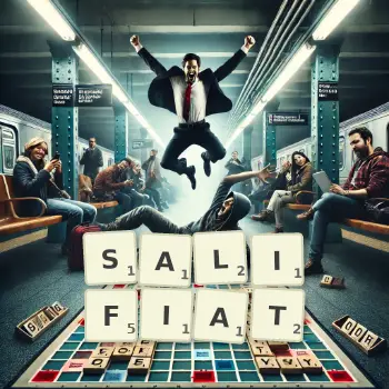 Illustration créative d'un jeu de lettres avec le mot SALIFIAT épelé sur le plateau.