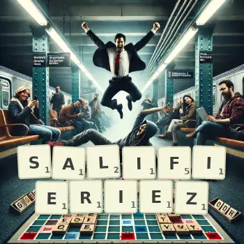 Illustration créative d'un jeu de lettres avec le mot SALIFIERIEZ épelé sur le plateau.