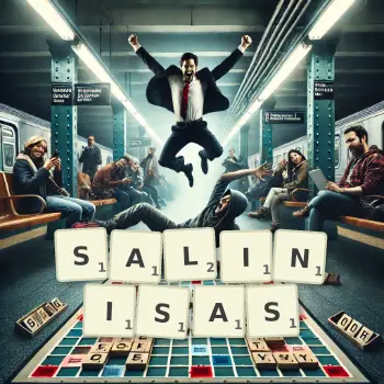 Illustration créative d'un jeu de lettres avec le mot SALINISAS épelé sur le plateau.
