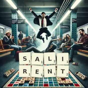 Illustration créative d'un jeu de lettres avec le mot SALIRENT épelé sur le plateau.