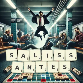 Illustration créative d'un jeu de lettres avec le mot SALISSANTES épelé sur le plateau.