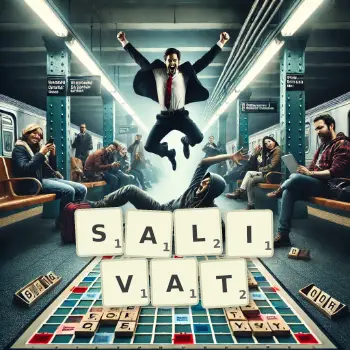 Illustration créative d'un jeu de lettres avec le mot SALIVAT épelé sur le plateau.