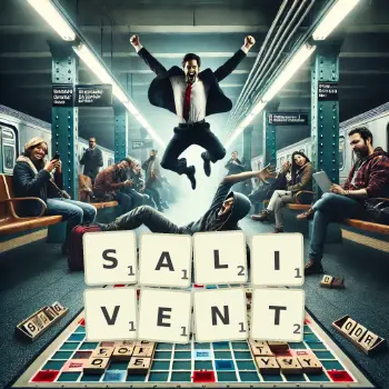 Illustration créative d'un jeu de lettres avec le mot SALIVENT épelé sur le plateau.