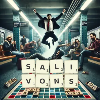 Illustration créative d'un jeu de lettres avec le mot SALIVONS épelé sur le plateau.