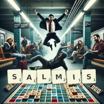 Illustration créative d'un jeu de lettres avec le mot SALMIS épelé sur le plateau.