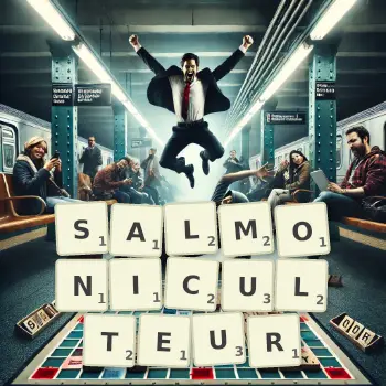 Illustration créative d'un jeu de lettres avec le mot SALMONICULTEUR épelé sur le plateau.