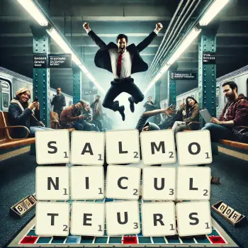 Illustration créative d'un jeu de lettres avec le mot SALMONICULTEURS épelé sur le plateau.