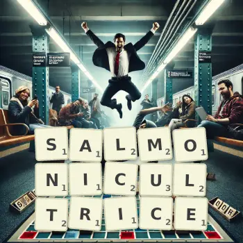 Illustration créative d'un jeu de lettres avec le mot SALMONICULTRICE épelé sur le plateau.