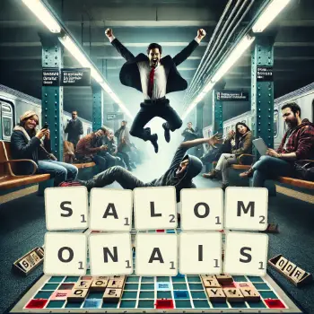 Illustration créative d'un jeu de lettres avec le mot SALOMONAIS épelé sur le plateau.