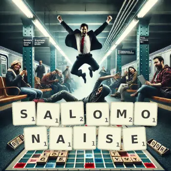 Illustration créative d'un jeu de lettres avec le mot SALOMONAISE épelé sur le plateau.