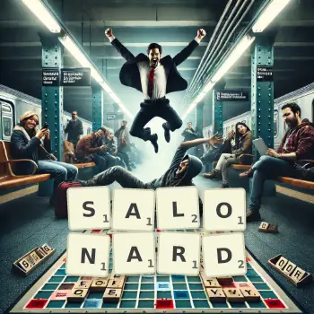 Illustration créative d'un jeu de lettres avec le mot SALONARD épelé sur le plateau.