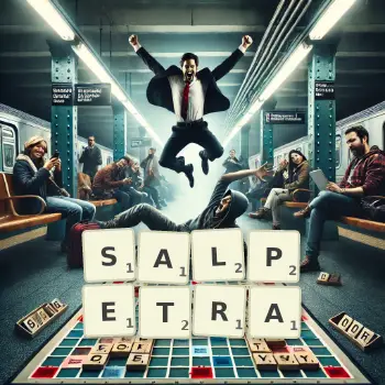 Illustration créative d'un jeu de lettres avec le mot SALPETRA épelé sur le plateau.