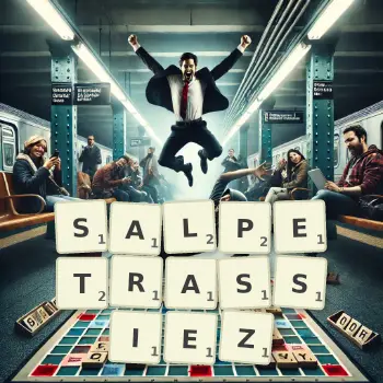 Illustration créative d'un jeu de lettres avec le mot SALPETRASSIEZ épelé sur le plateau.