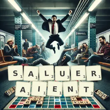 Illustration créative d'un jeu de lettres avec le mot SALUERAIENT épelé sur le plateau.