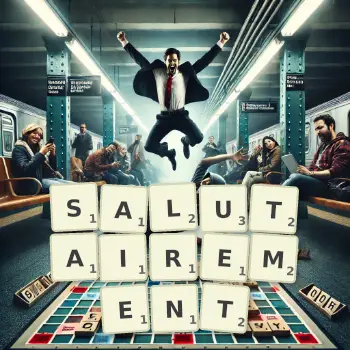 Illustration créative d'un jeu de lettres avec le mot SALUTAIREMENT épelé sur le plateau.