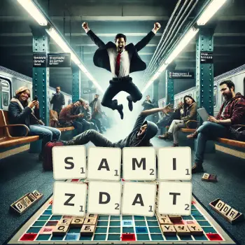 Illustration créative d'un jeu de lettres avec le mot SAMIZDAT épelé sur le plateau.