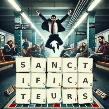 Illustration créative d'un jeu de lettres avec le mot SANCTIFICATEURS épelé sur le plateau.