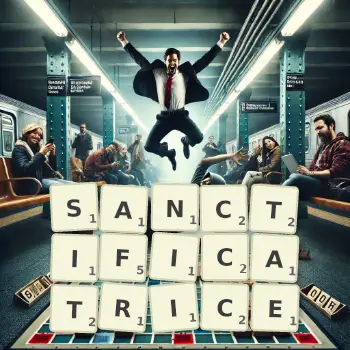 Illustration créative d'un jeu de lettres avec le mot SANCTIFICATRICE épelé sur le plateau.