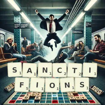 Illustration créative d'un jeu de lettres avec le mot SANCTIFIONS épelé sur le plateau.