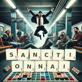 Illustration créative d'un jeu de lettres avec le mot SANCTIONNAI épelé sur le plateau.