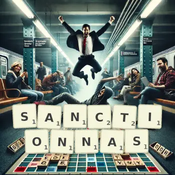 Illustration créative d'un jeu de lettres avec le mot SANCTIONNAS épelé sur le plateau.