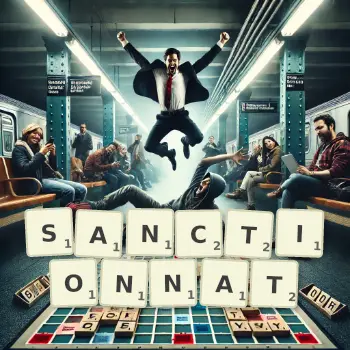 Illustration créative d'un jeu de lettres avec le mot SANCTIONNAT épelé sur le plateau.