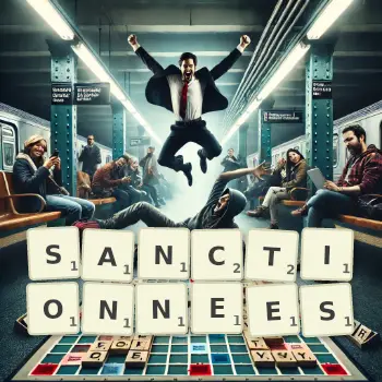 Illustration créative d'un jeu de lettres avec le mot SANCTIONNEES épelé sur le plateau.