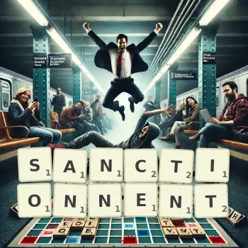 Illustration créative d'un jeu de lettres avec le mot SANCTIONNENT épelé sur le plateau.