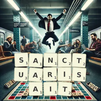 Illustration créative d'un jeu de lettres avec le mot SANCTUARISAIT épelé sur le plateau.