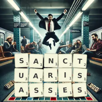 Illustration créative d'un jeu de lettres avec le mot SANCTUARISASSES épelé sur le plateau.
