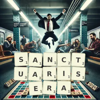 Illustration créative d'un jeu de lettres avec le mot SANCTUARISERA épelé sur le plateau.