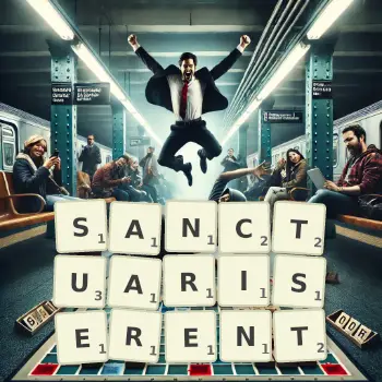 Illustration créative d'un jeu de lettres avec le mot SANCTUARISERENT épelé sur le plateau.