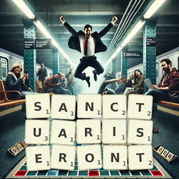 Illustration créative d'un jeu de lettres avec le mot SANCTUARISERONT épelé sur le plateau.