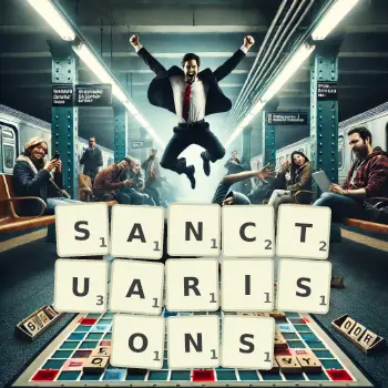 Illustration créative d'un jeu de lettres avec le mot SANCTUARISONS épelé sur le plateau.