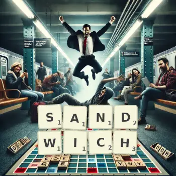 Illustration créative d'un jeu de lettres avec le mot SANDWICH épelé sur le plateau.