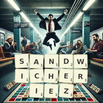 Illustration créative d'un jeu de lettres avec le mot SANDWICHERIEZ épelé sur le plateau.