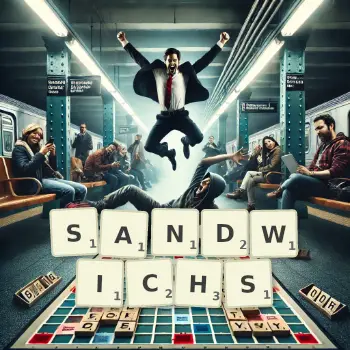 Illustration créative d'un jeu de lettres avec le mot SANDWICHS épelé sur le plateau.