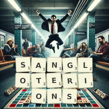 Illustration créative d'un jeu de lettres avec le mot SANGLOTERIONS épelé sur le plateau.