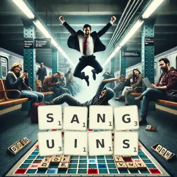 Illustration créative d'un jeu de lettres avec le mot SANGUINS épelé sur le plateau.