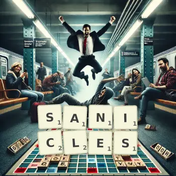 Illustration créative d'un jeu de lettres avec le mot SANICLES épelé sur le plateau.