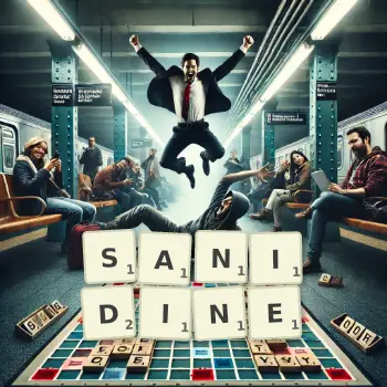 Illustration créative d'un jeu de lettres avec le mot SANIDINE épelé sur le plateau.