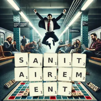 Illustration créative d'un jeu de lettres avec le mot SANITAIREMENT épelé sur le plateau.