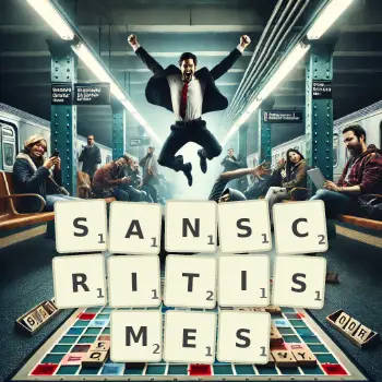 Illustration créative d'un jeu de lettres avec le mot SANSCRITISMES épelé sur le plateau.