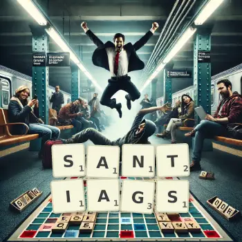 Illustration créative d'un jeu de lettres avec le mot SANTIAGS épelé sur le plateau.